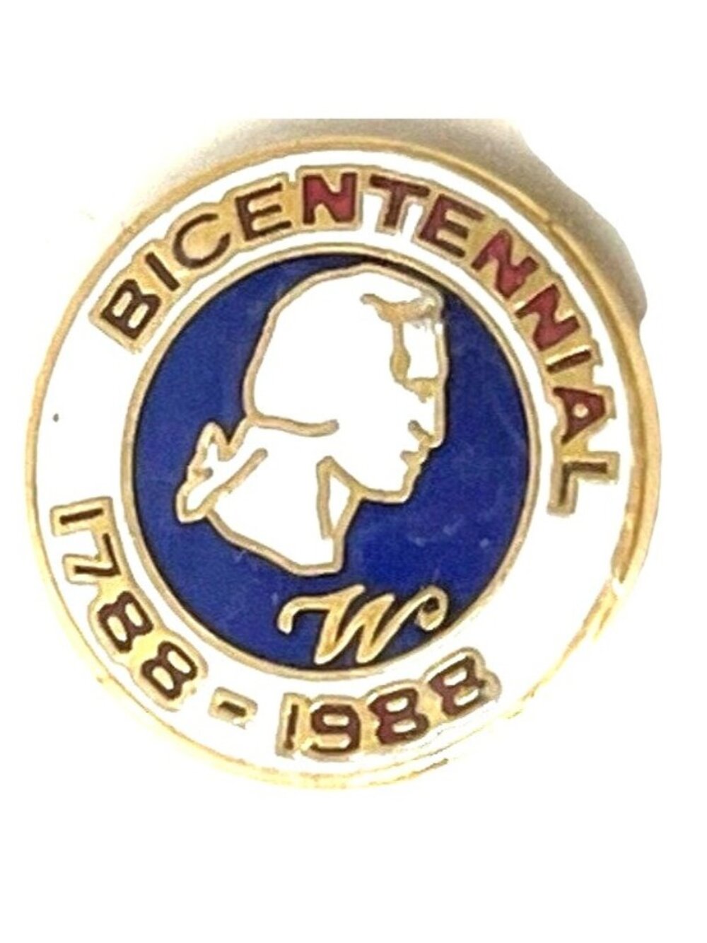 Bicentennial 1788-1988 Pin George Washington Profile Blue & White Gold-Tone Fini